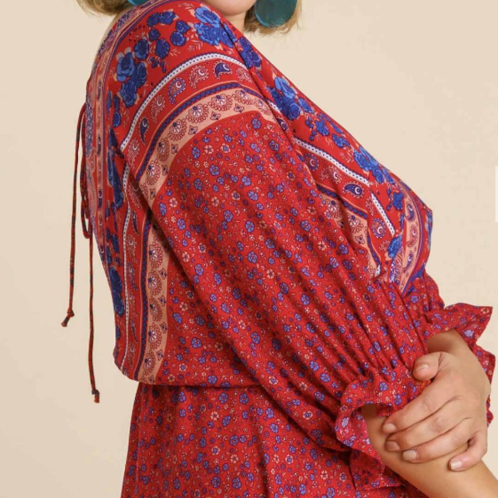 250.Women's Mixed Print V-Neck Midi Dress with Back Tie Details NWT - Picture 3 of 4